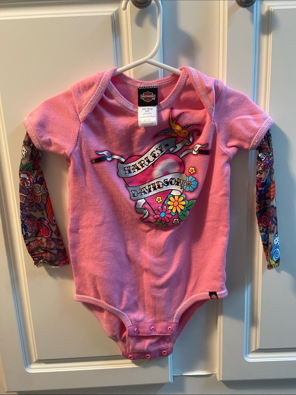Harley-Davidson Pink Floral Heart Long-Sleeve Baby One-Piece